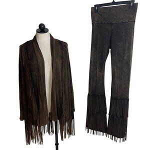 Womens Jacket Pant Set Size Medium Brown Fringed Yoga Open Front Long Sleeve USA